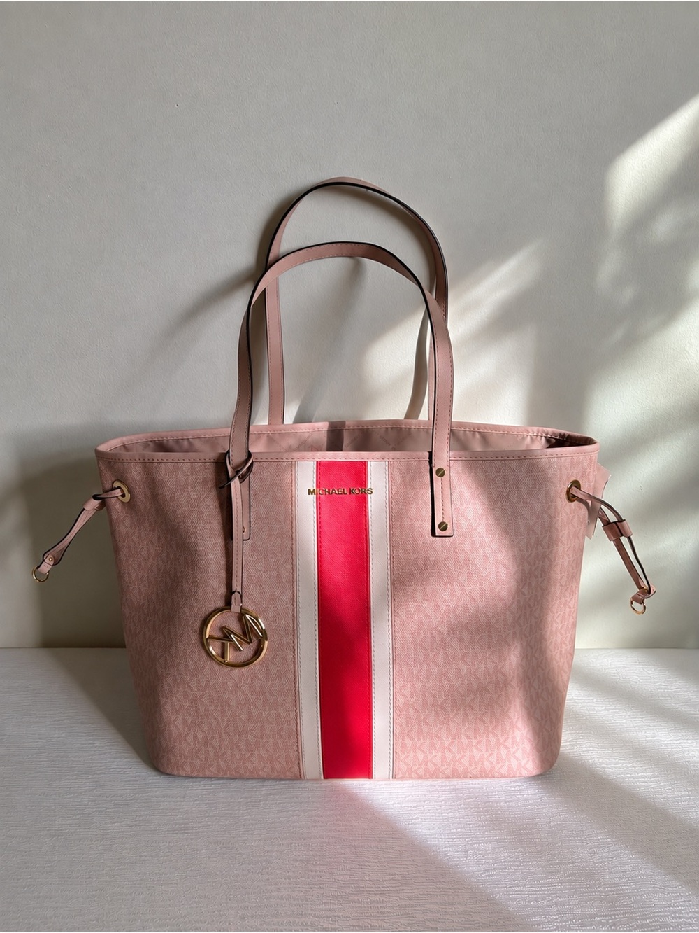 Michael Kors Jet Set Travel Large Pink Signature Stripe Tote Bag Gold Hardware